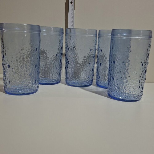 Set of 5 embossed blue glass tumblers like new