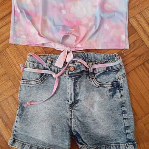 Evita set with colorful heart print top and denim shorts, like new, 6 years
