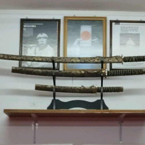 Set of 3 Japanese decorative swords with wall display stand