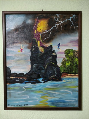 Painting with frame, handmade oil artwork, theme The Tower