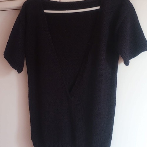 Handmade black knit top with open V back, used