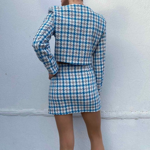 Crop blazer set with skirt like new, size S, white and turquoise
