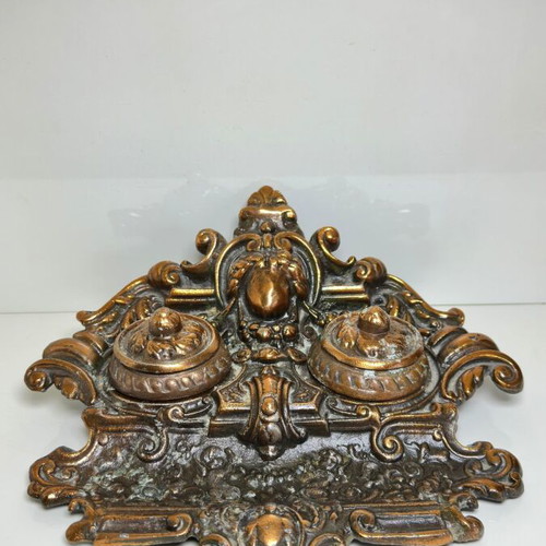 Victorian Baroque style double inkwell, brass with copper plating