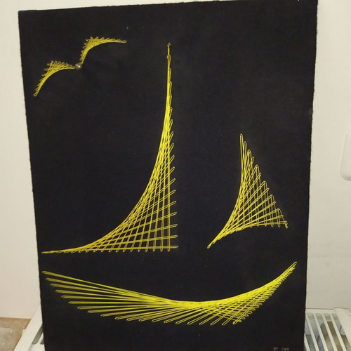 Antique frame with nails and thread ship used 46x36 cm