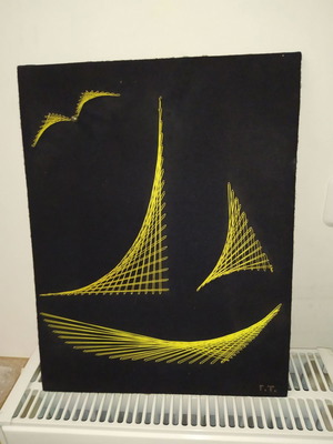 Αντίκα κάδρο με καρφάκια και κλωστή καράβι μεταχειρισμένο 46x36 εκ