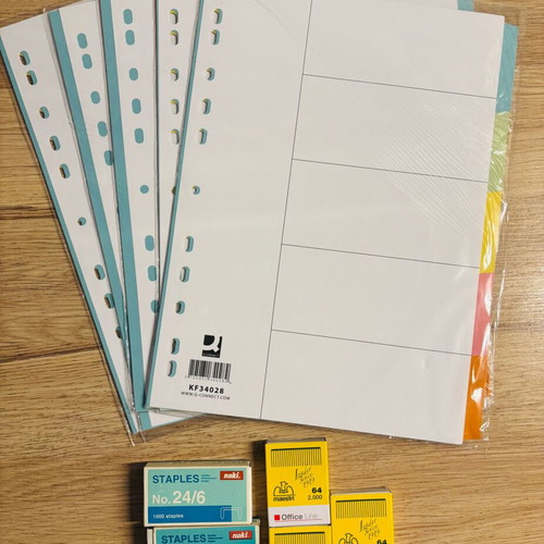 Office supply pack with dividers, delivery notes, clips & staples, new
