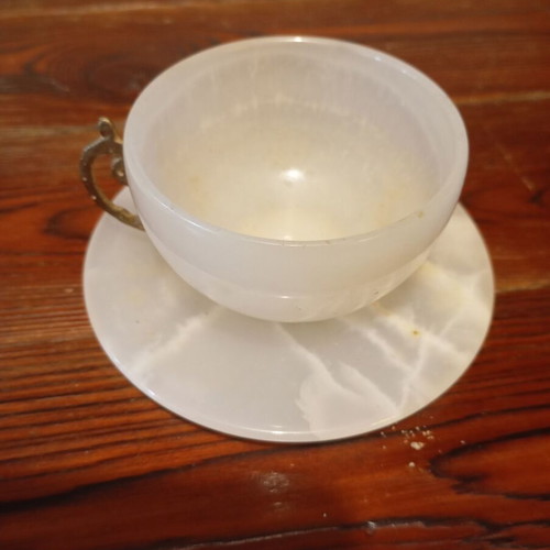 Vintage tea and coffee set used, alabaster and brass