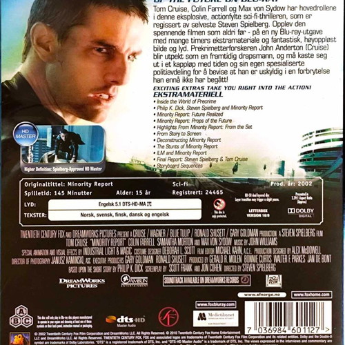 Minority Report Blu-Ray used, action sci-fi movie with English subtitles