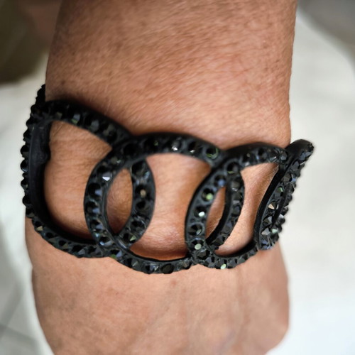 Cuff bracelet black steel with black rhinestones new