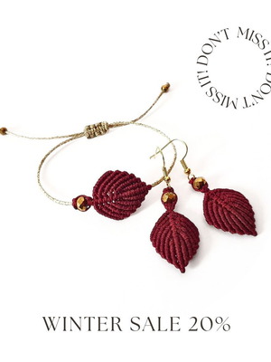 Bracelet and earrings set burgundy leaves handmade macrame new
