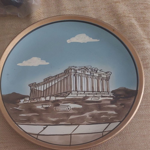 Ceramic plates with Acropolis Parthenon theme set like new, handmade