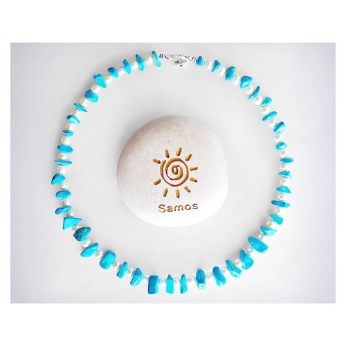 Handmade Necklace with White Pearls and Turquoise Stones, New