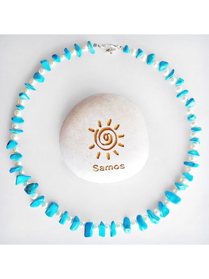 Handmade Necklace with White Pearls and Turquoise Stones, New