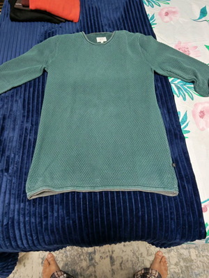 Men's knitted Q/S designed by sweater used, size Large, petrol blue