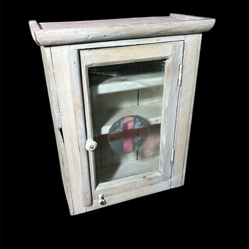 Wooden wall pharmacy cabinet vintage used with broken glass