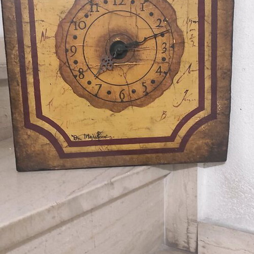 Handmade wall clock with signed hand-painted vintage art used