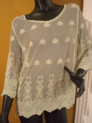 Boho Chic Mesh Embroidered Blouse Made in Italy, New, One Size Mint