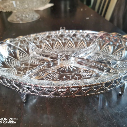 Vintage crystal serving platters with dividers, one with silver base, new