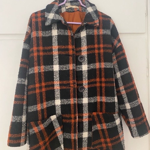 Helmi coat used, black and orange checkered, size L