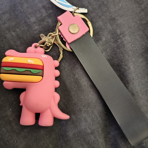 Pink Dinosaur Keychain with Burger Charm new