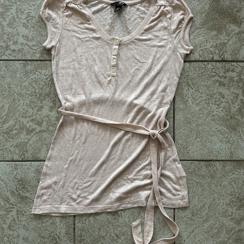 H&M blouse used, light pink with waist tie and textured fabric