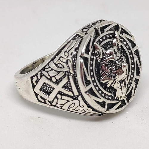 Men's Wolf Head Ring with Viking Symbols like new