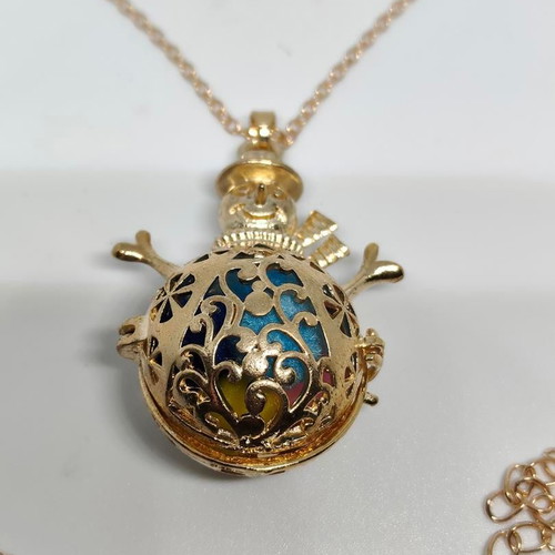 Snowman Pendant Necklace with Colorful Pom Poms like new, gold tone