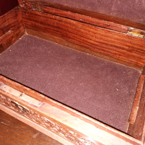 Wooden carved vintage jewelry box used, lined