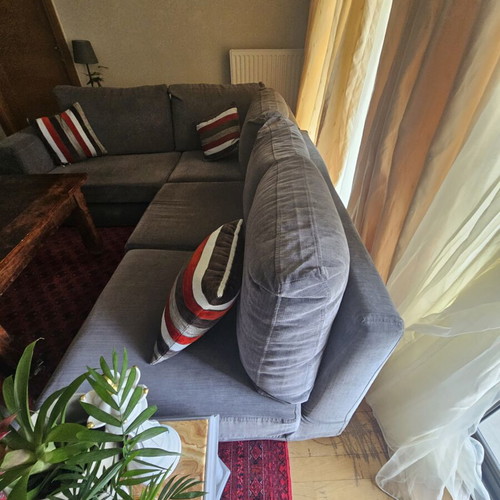 Corner sofa used, solid beech wood, gray, with ottoman extension