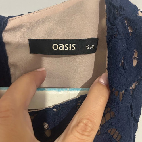 Oasis lace top Medium blue with beige lining like new