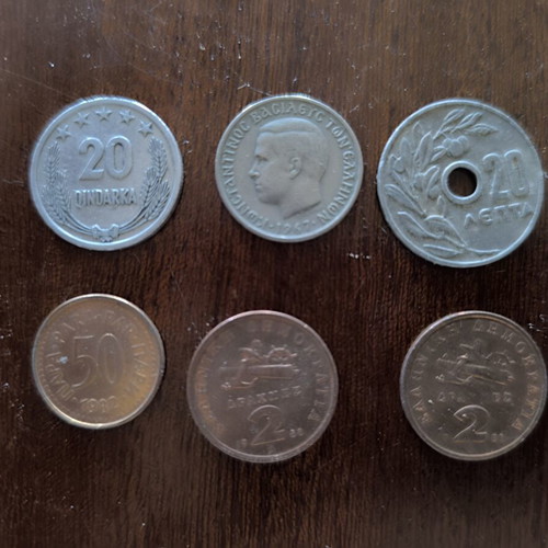 Collectible coins used, pack of 6, Greek and foreign