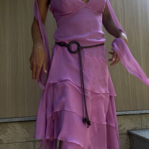 Roberto Verino Y2K silk asymmetric tiered halter dress used, lilac pink