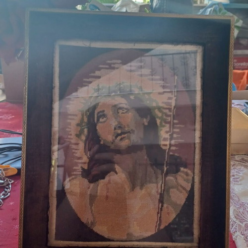 Embroidered religious framed artwork with Jesus Christ used