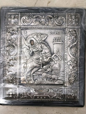 Sacred silver icon of Saint George new with traditional iconography