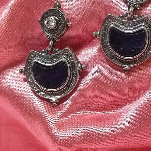 Silver 925 vintage stud earrings with lapis lazuli and zircon