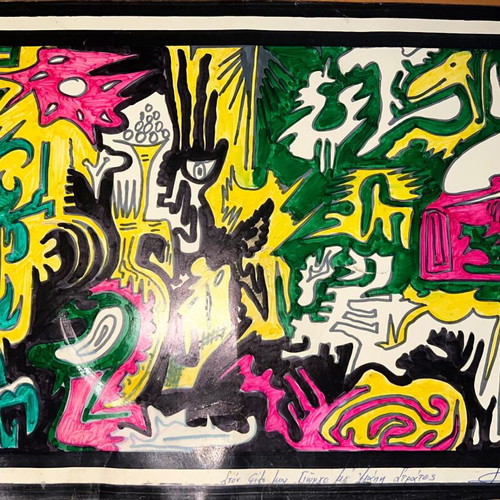 Psychedelic drawing used on A4 cardboard 1979 signed