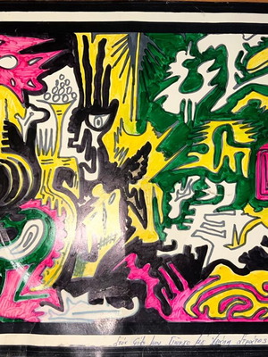 Psychedelic drawing used on A4 cardboard 1979 signed