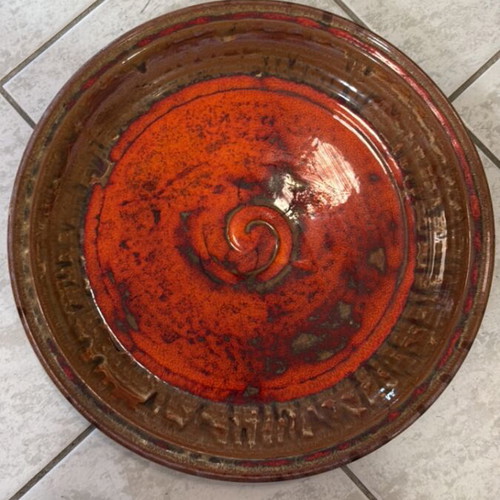 Handmade ceramic platter 42 cm like new with red-orange glaze