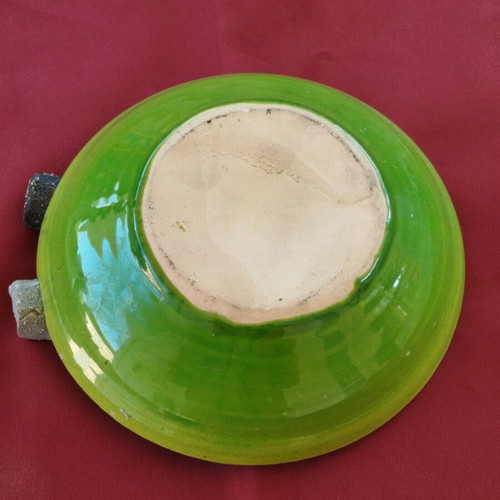 Ceramic ashtray new handmade Greek green with circular lines