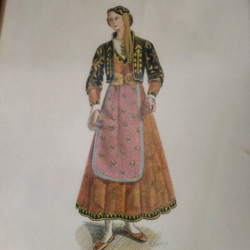 A.Tarsoulis 3 used Greek costumes chromolithographs in wooden frames 34x27 cm