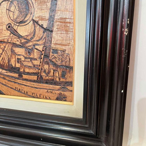 Vintage pyrography wall art with fishermen and artist signature, 45x50