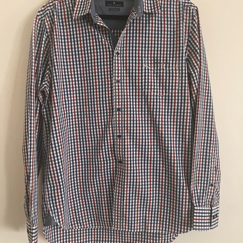Navy & Green men's cotton shirt used, checkered, size large