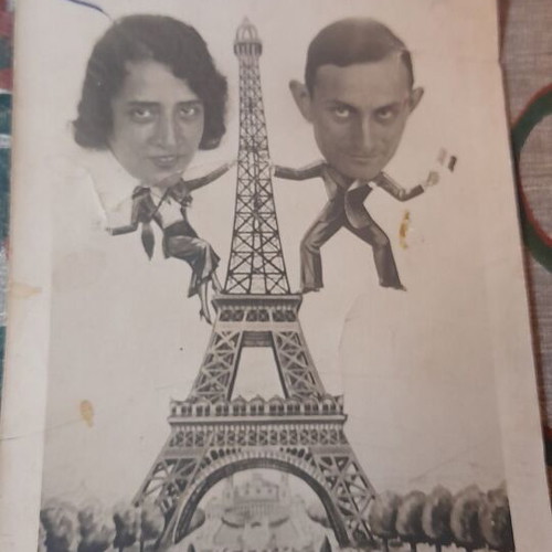 Vintage postcard 1920 humorous photo montage of Greeks on Eiffel Tower used