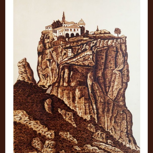 Meteora Moni Ag. Triados pyrography painting new on poplar wood
