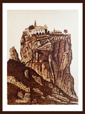 Meteora Moni Ag. Triados pyrography painting new on poplar wood