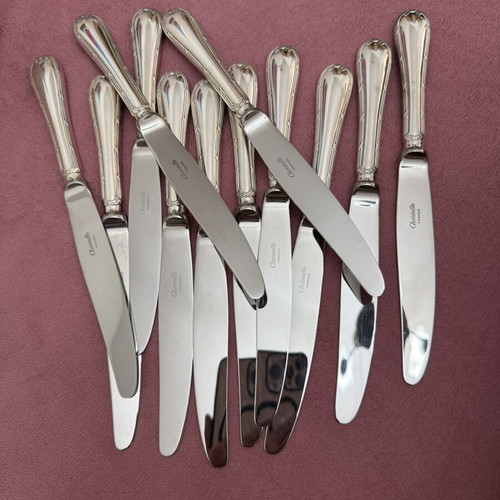Christofle vintage silver plated knives set of 12, Rubans Croisés design