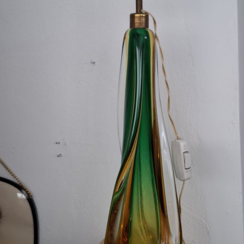 Murano Sommerso Table Lamp used, hand-blown green and amber glass with brass ring