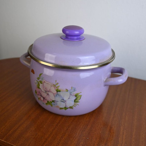 Vintage enamel pot lilac with floral design used