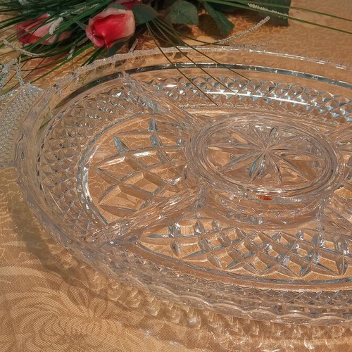 Oval crystal dish with compartments and lid for nuts and chocolates, new