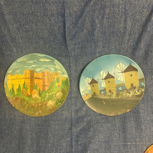 Vintage tourist wall plates used, set of 2, hand-painted from Rhodes